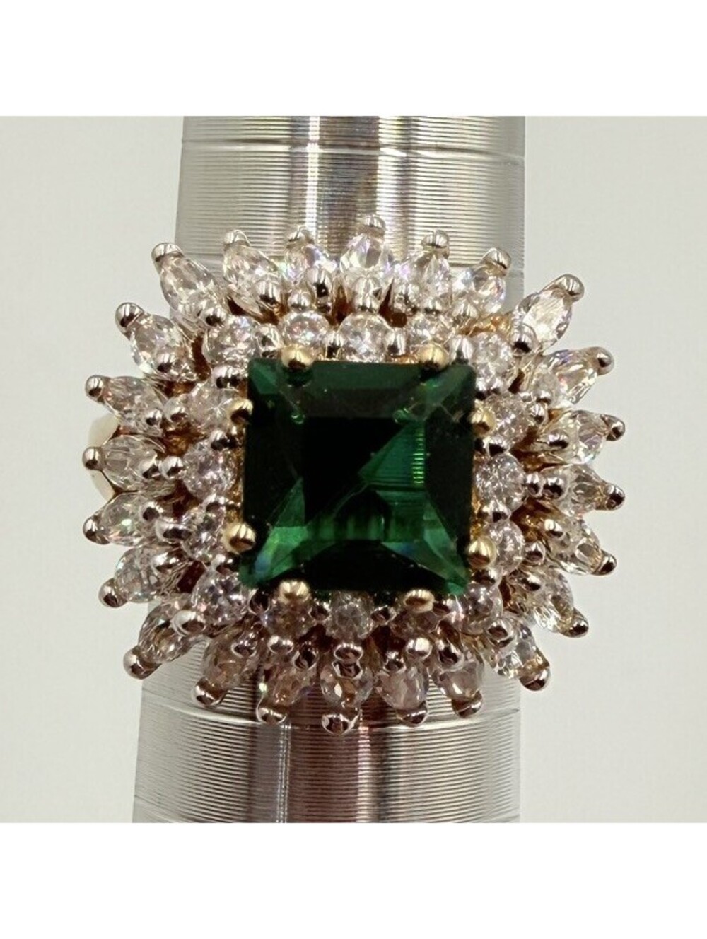 Rare VTG Camrose & Kross JBK 925 Silver Simulated Emerald CZ Halo Ring SZ 8
